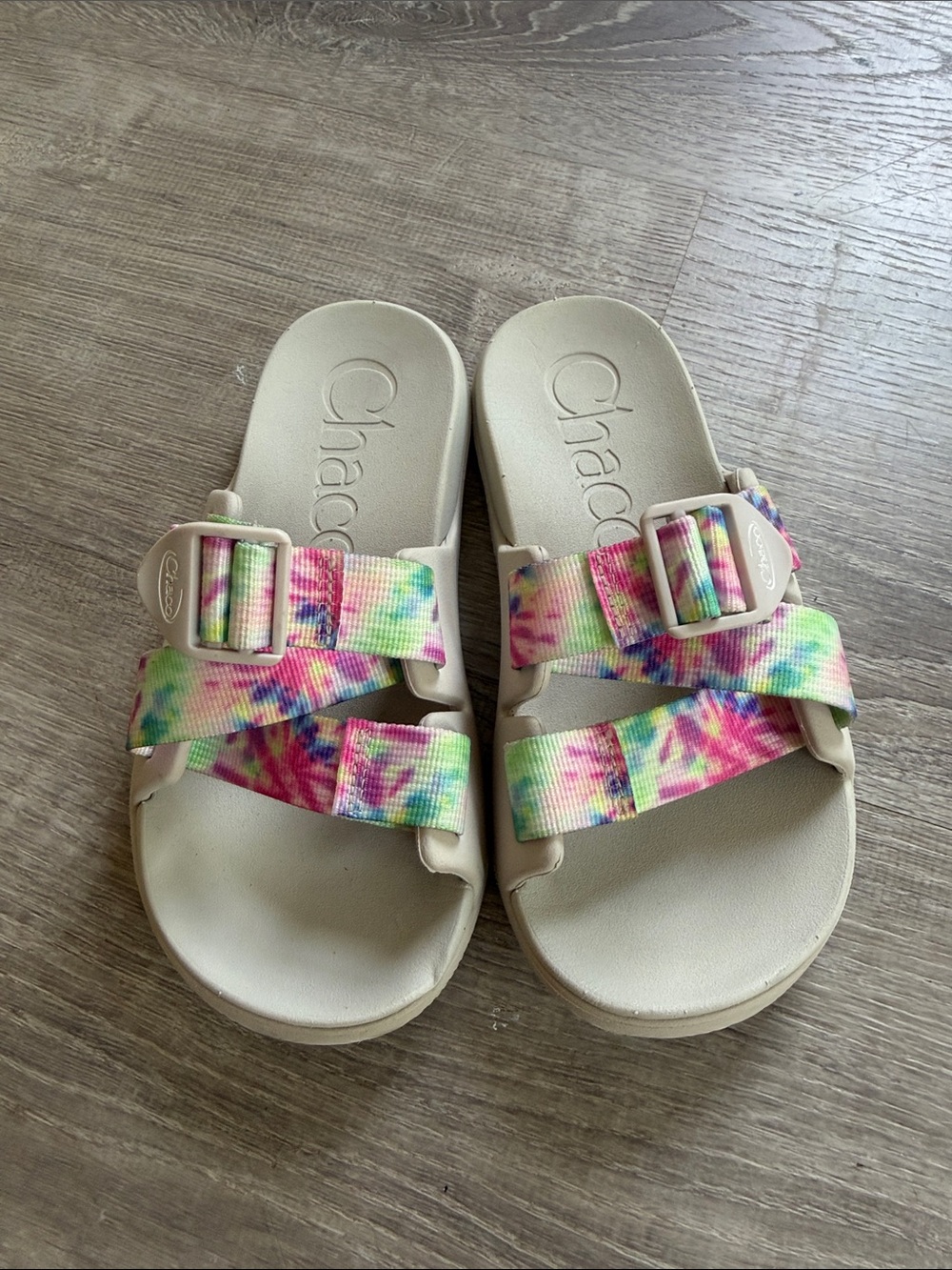 Chaco womens 5 Neutral Footbed Slide Sandals with Rainbow Tie-Dye Straps